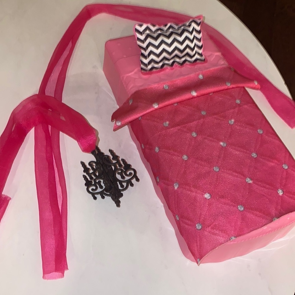 Barbie bed pink silver blanket black white pillow black chandelier pink drapes‌ - Picture 11 of 14
